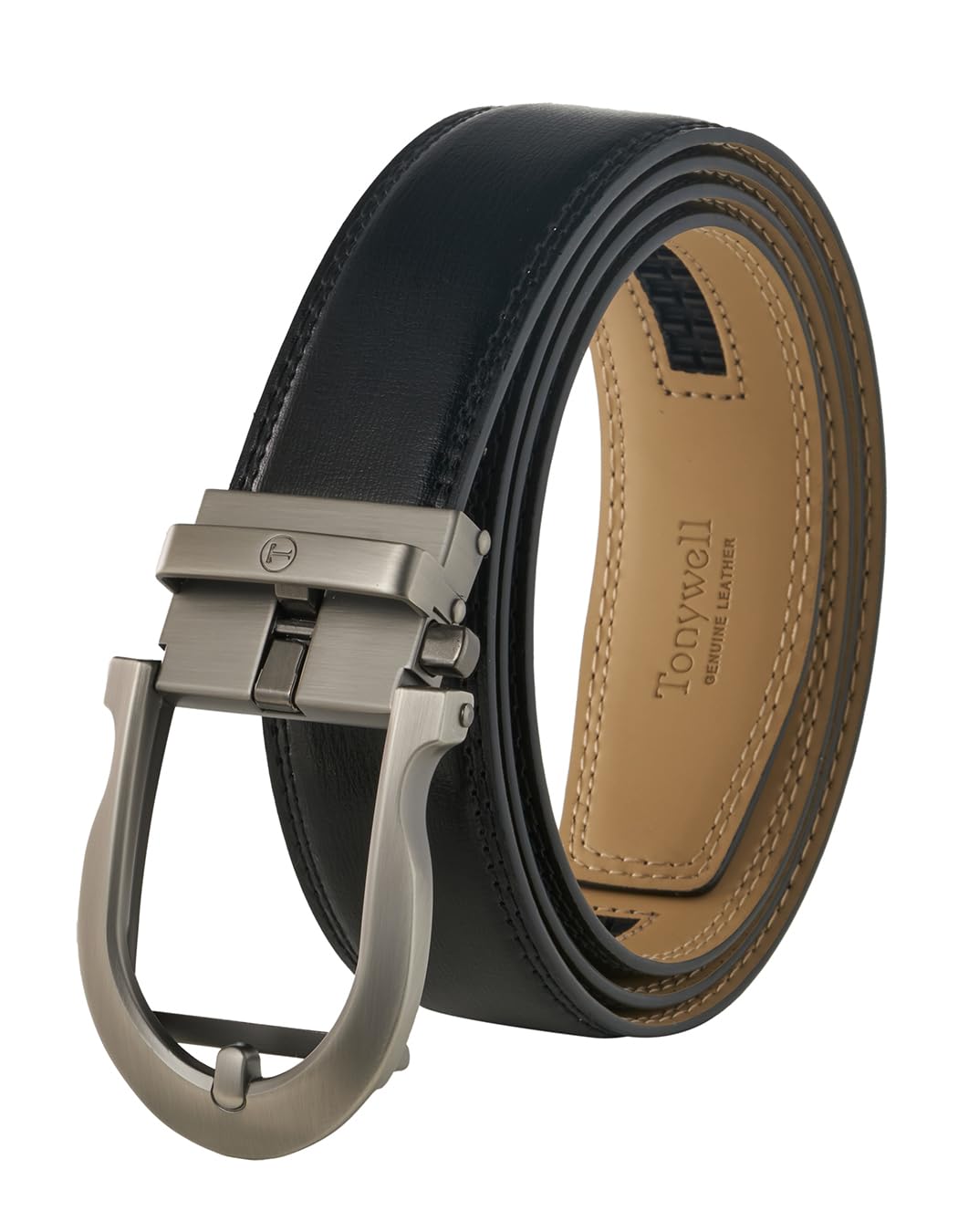 Tonywell Men's Leather Ratchet Belt, 1 3/8" Adjustable Dress Belt, Trim to Fit