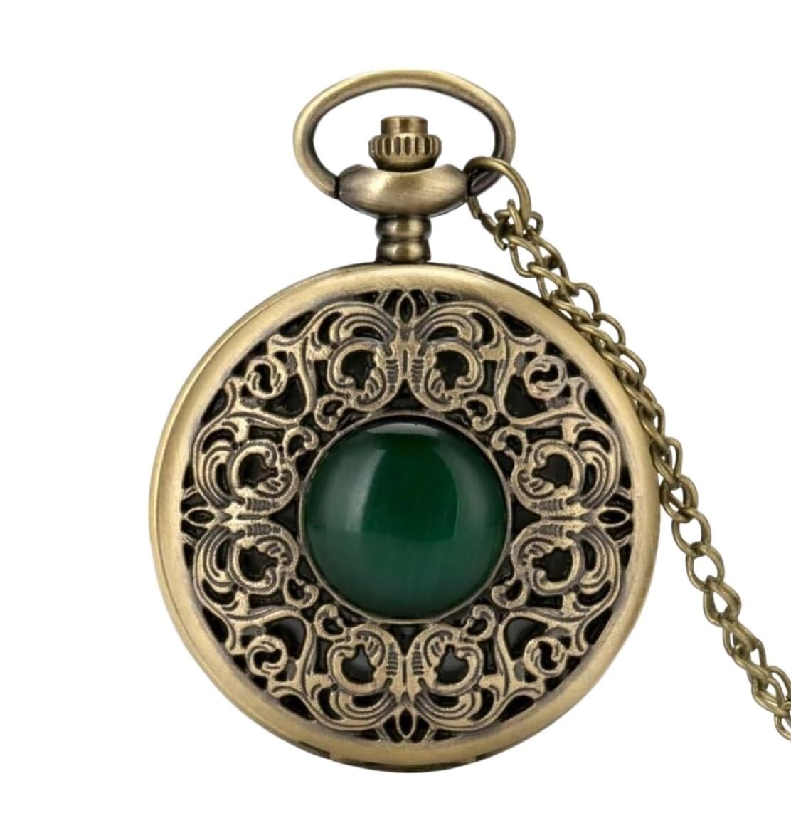 Reloj De Bolsillo Disfraz Reloj De Bolsillo Caja De Bronce Con Piedra Verde Esmeralda Reloj De Bolsillo De Cuarzo Esfera Blanca Cadena Accesorio Retro