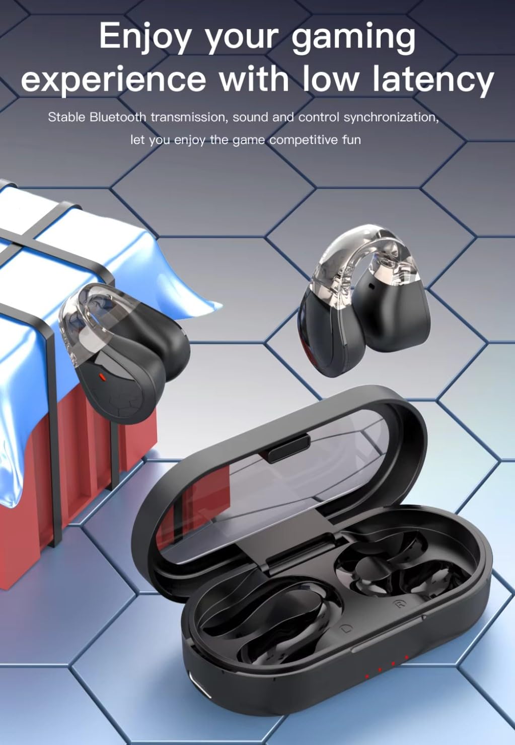 COREGENIX Q60 earbuds and open charging case, set against a gaming-themed background, highlighting low latency gaming.