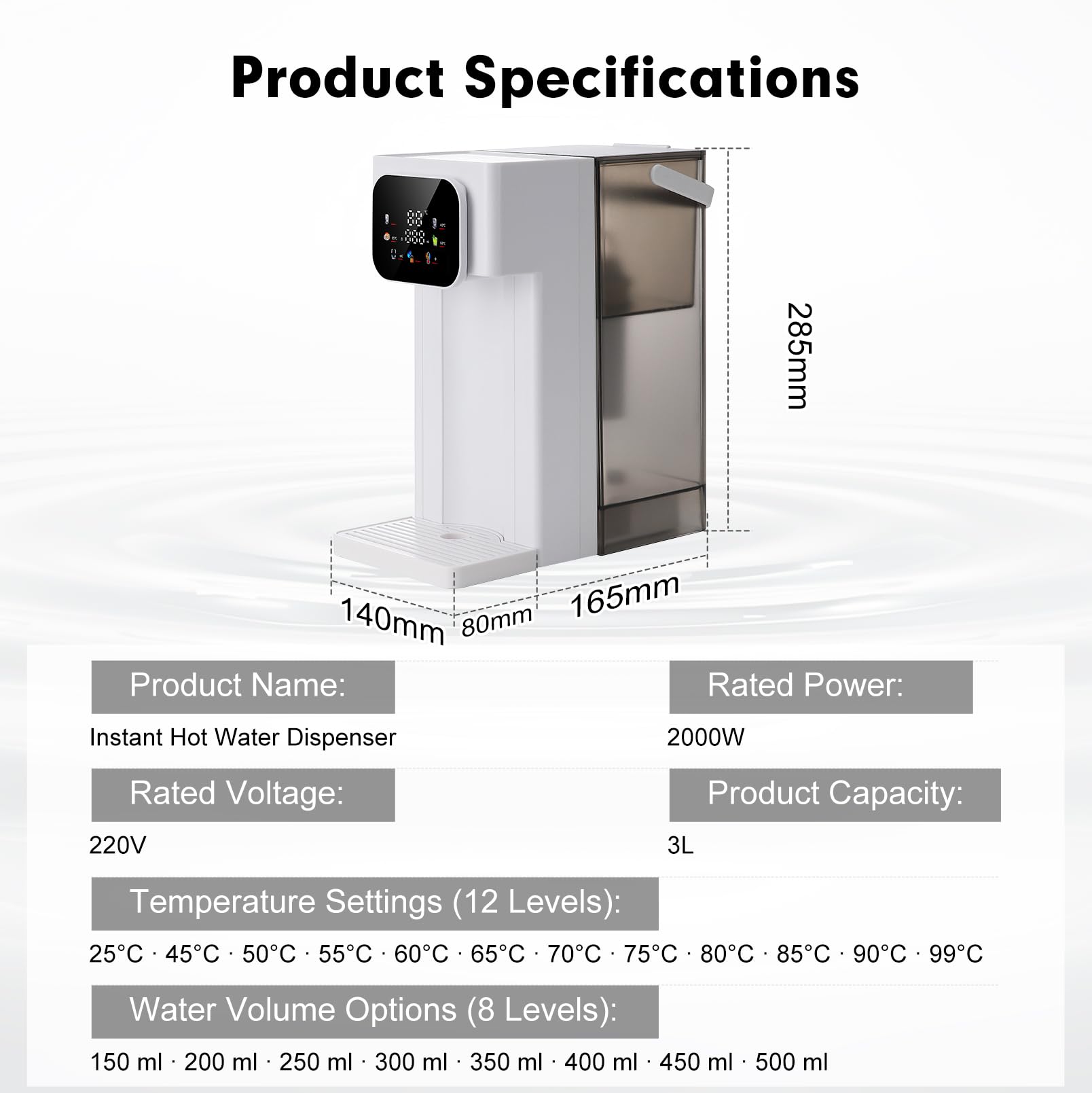 Dispensador de agua caliente, multifuncional de 3 L, 12 niveles de temperatura, 8 cantidades de agua, pantalla táctil digital, bloqueo para niños, depósito de agua extraíble, cartuchos de filtro y