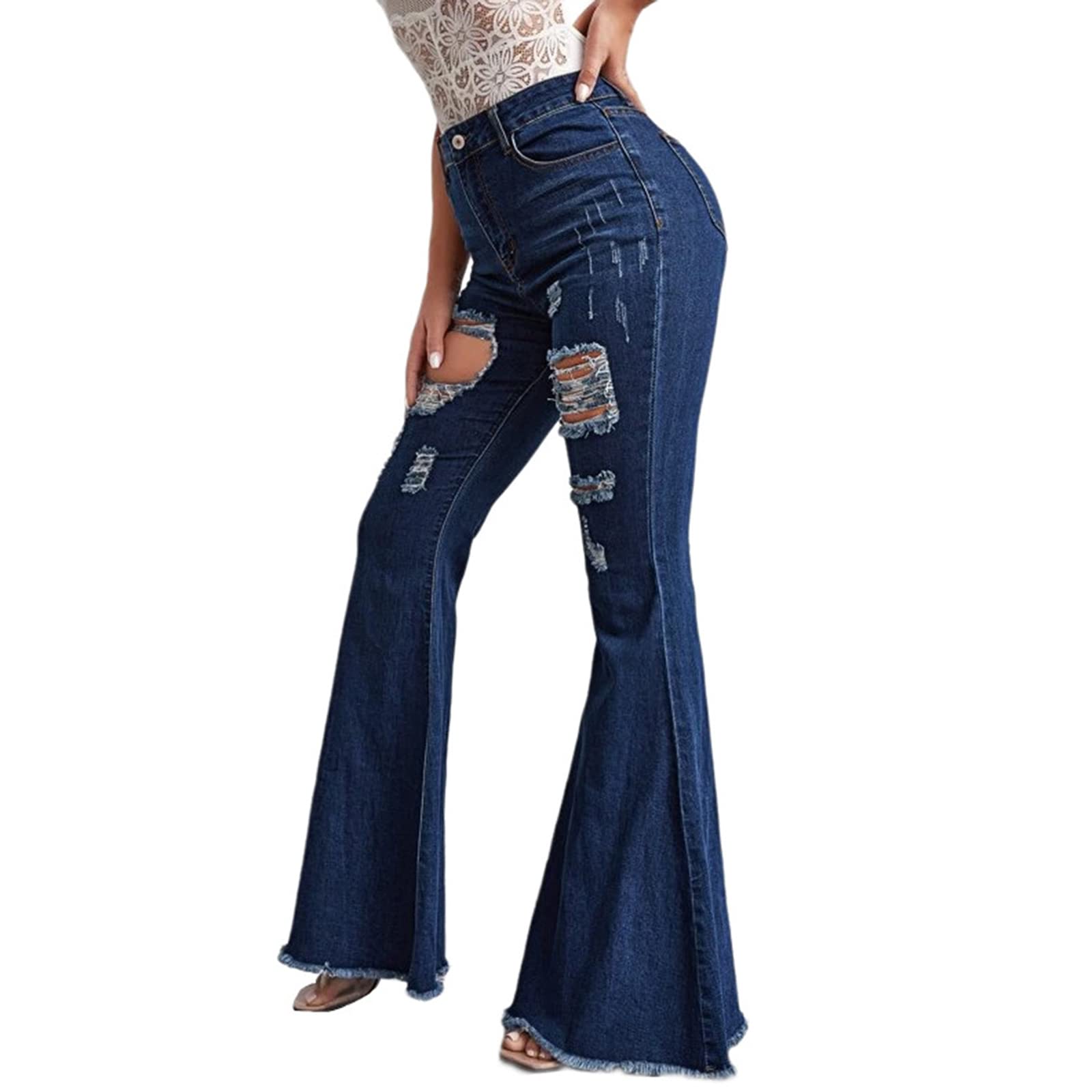 Amazon | 破れたデニムフレアパンツハイウエストが穴改装された