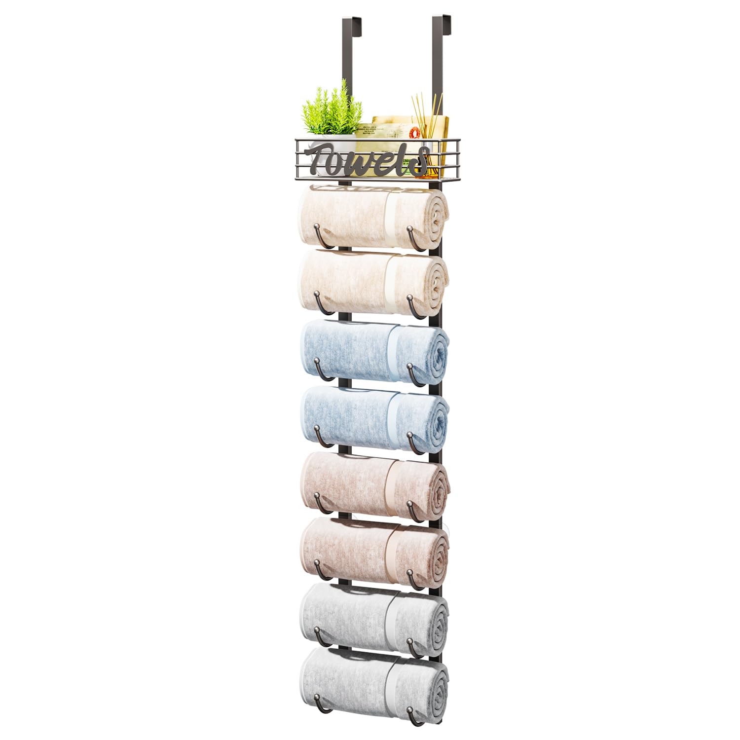 HapiRm Over Door Towel Rack - Towel Storage Rack Wall Mounted with Metal Shelf Basket, 9-Tier Over Door Towel Rail & Bathroom Storage Organiser Towel Holder for Small Bathroom, Camper, Rv