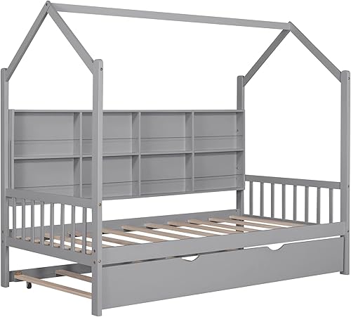 Miniatura 43 de Merax Cama de madera de tamaño individual con valla, techo, barandillas para niñas, niños, marco de cama de casa se puede decorar (gris)