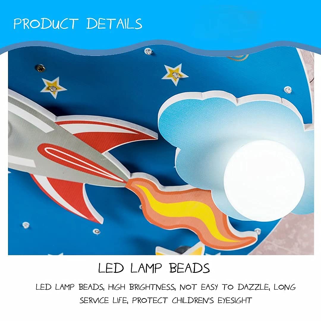 Plafonnier Enfant Fusée Et étoiles – Lumière LED Dimmable, Télécommande, 3000K-6500K, 60x20 Cm, Pour Chambre Bébé Ou Salon