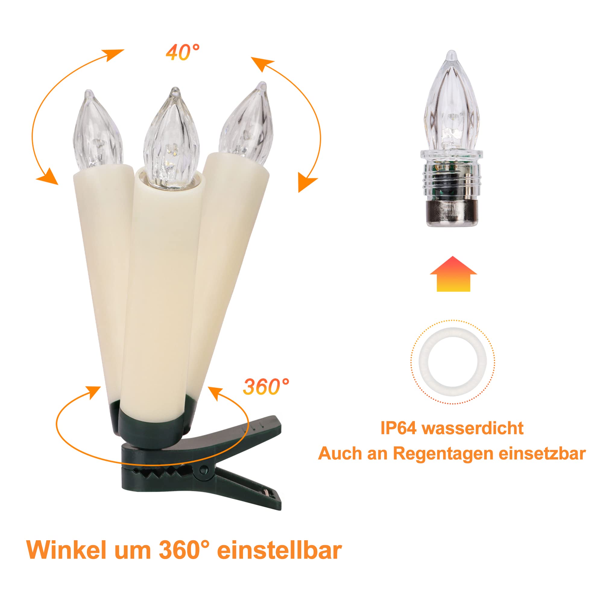 yunsheng 40 Stk Weihnachten LED kerzen, Kabellose Weihnachtsbaumkerzen mit Fernbedienung Timer, Batteriebetriebene Flammenlose Flackern Christbaumkerzen lichterkette, IP64, (Enthält 40 AAA-Batterien)
