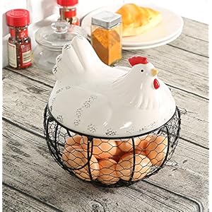 MyGift Rustic Farmhouse Large Capacity Fresh Egg Gathering Container, Black Metal Mesh Wire Storage Basket with Handles and White Ceramic Chicken Shaped Top Lid - Holds up to 30 Eggs MyGift Rustic Farmhouse Large Capacity Fresh Egg Gathering Container Black Metal Mesh Wire Storage Basket with Handles and White Ceramic Chicken Shaped Top Lid Holds up to 30 Eggs