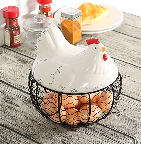 MyGift-Rustic-Farmhouse-Large-Capacity-Fresh-Egg-Gathering-Container-Black-Metal-Mesh-Wire-Storage-Basket-with-Handles-and-White-Ceramic-Chicken-Shaped-Top-Lid-Holds-up-to-30-Eggs MyGift Rustic Farmhouse Large Capacity Fresh Egg Gathering Container Black Metal Mesh Wire Storage Basket with Handles and White Ceramic Chicken Shaped Top Lid Holds up to 30 Eggs