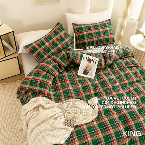 Image of ECOCOTT Buffalo Plaid Duvet Cover King Size- 3 Piece Green Checkered Bedding Set, 100% Washed Cotton, Soft Breathable Reversible Design with Zipper Closure & Corner Ties