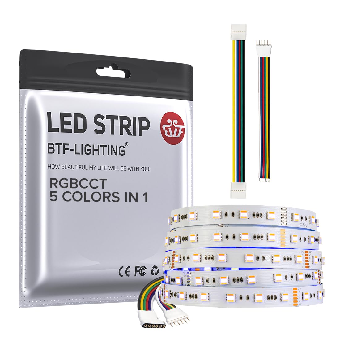 BTF-LIGHTINGRGBCCT 5 Colors in 1 LED Tape Lights 5050SMD RGBWW RGB+Dimmable Color Temperature 2700K-6500K 16.4ft 60Pixel/m 300LED IP30 DC24V White PCB for Home Decoration(No Adapter or Controller)