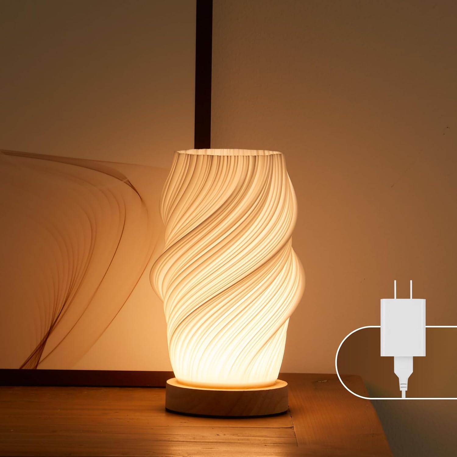 UYKKE Lamparas De Mesita De Noche, LED Regulable Lampara De Mesa, Moderna Estética Retro Lámpara De Mesa Decorar Salón, Dormitorio, Lámpara Impresa En 3D Con Base De Madera (Ondas, Mediano)