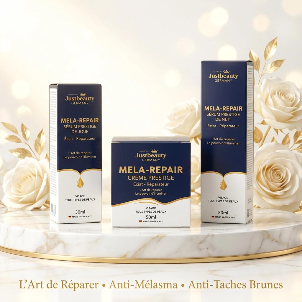 JustBeauty Germany MELA REPAIR Trio Gesichtspflege Intensiv Anti-Flecken – Tag-Serum 30 ml, Nacht-Serum 50 ml & Creme 50 g, Hyperpigmentierung, Melasma, braune Flecken, leuchtender und ebenmäßiger