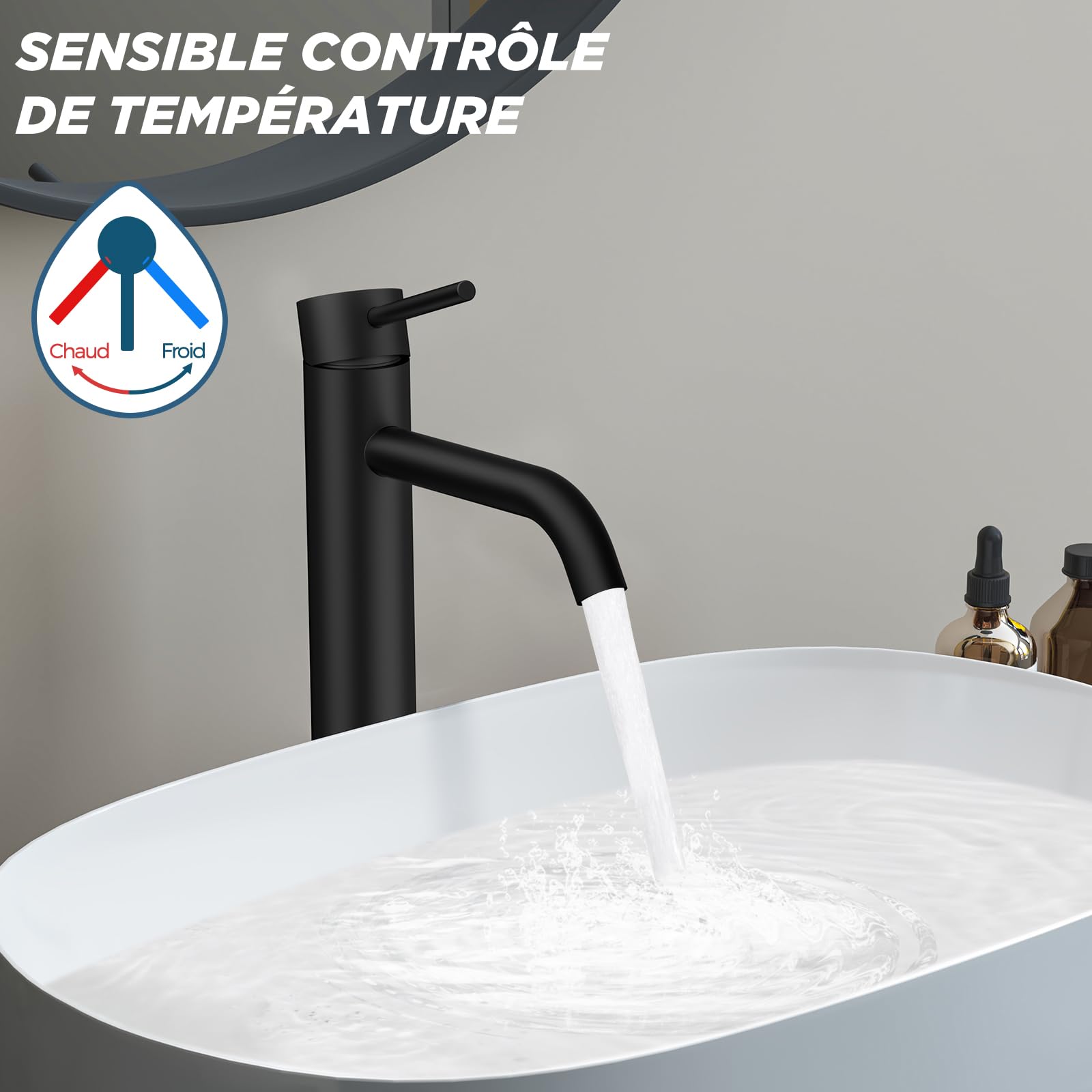 FORIOUS Robinet de Lavabo pour Salle de Bain, Mitigeur Haut en Noir avec Hauteur de Bec de 190 MM, Mitigeur à Levier Unique pour Lavabo dans la Salle de Bain, les Toilettes des Invités