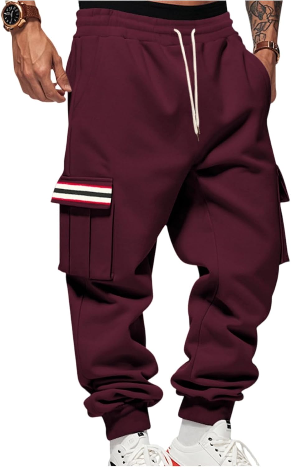 Men's Fleece Sweatpants Casual Loose Fit Cargo Pants Elastic Waist Lounge Pants Tapered Joggers with Pockets