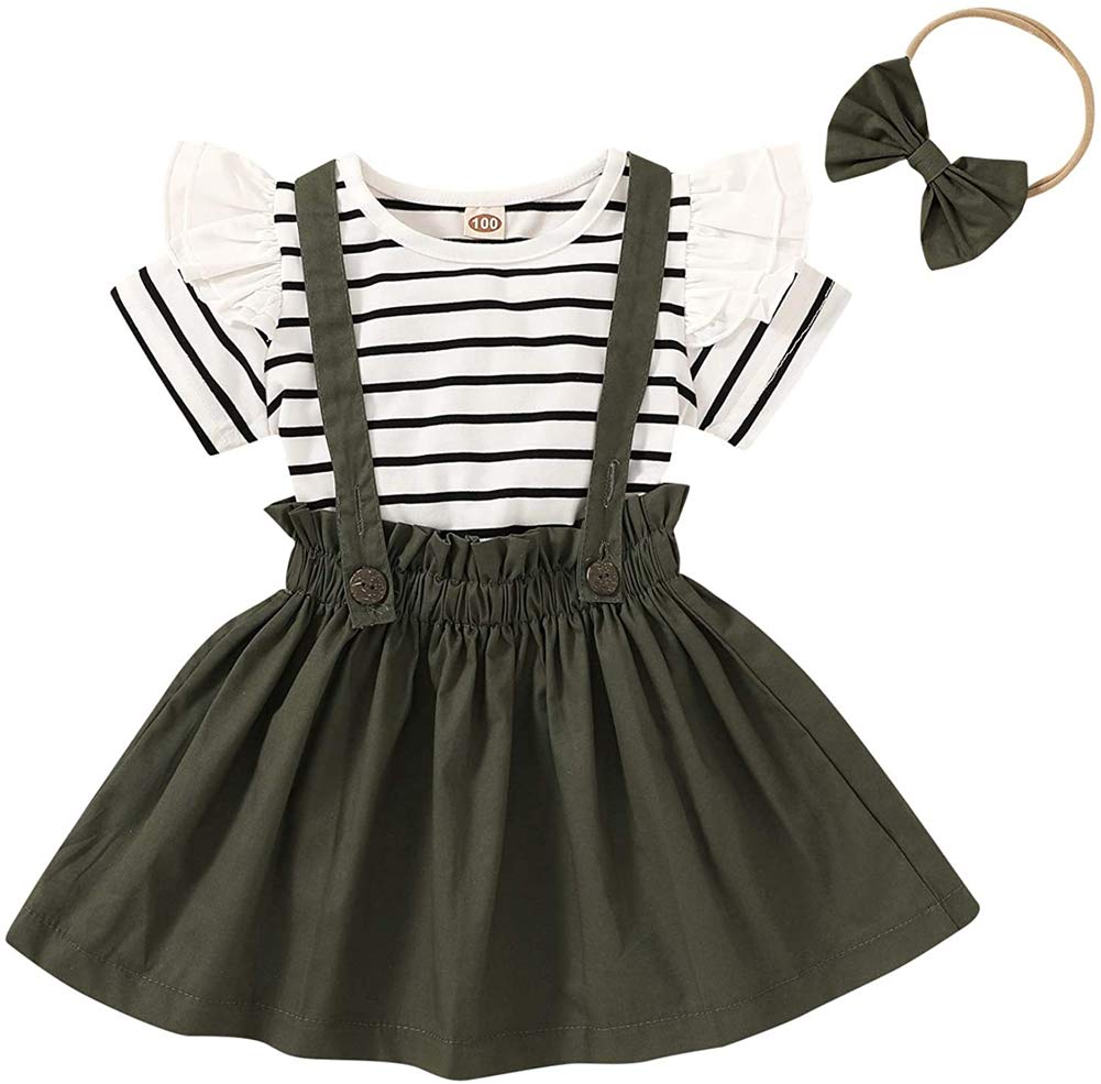FYBITBO Toddler Baby Girls Fall Clothes Ruffle Romper Shirt Suspender Skirt Overalls Dress Fashion 3Pcs Outfits Set (3-4T,A-Green)