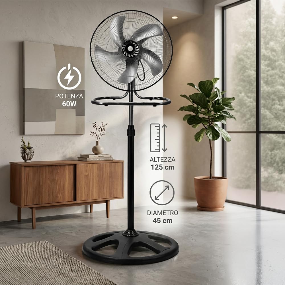BAKAJI Ventilatore Manila 3 in 1 con Pale in Acciaio, Utilizzabile a Piantana Indipendente, Muro e Parete, Tavolo da Appoggio, Flusso d'Aria Potente, 3 Velocità Selezionabili, Silenzioso