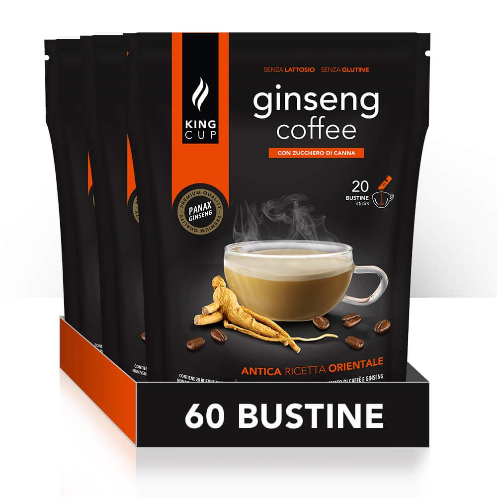 King Cup - 3 Paquets de 20 Sachets Solubles de Ginseng au Sucre de Canne, 60 Stick de 20 Gr pour Boisson Aromatisée Ginseng à Ajouter à Eau Chaude, Sans Gluten et Sans Lactose