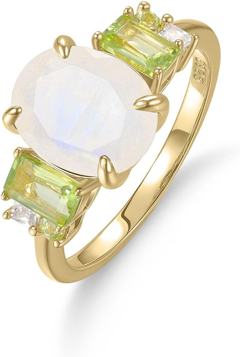 Kemstone 925 Sterling Silver Moss Agate Ring for Women – Gold-Plated Vintage Statement Ring with Peridot & Cubic Zirconia, Natural Gemstone Jewelry Gift, Size 5-10