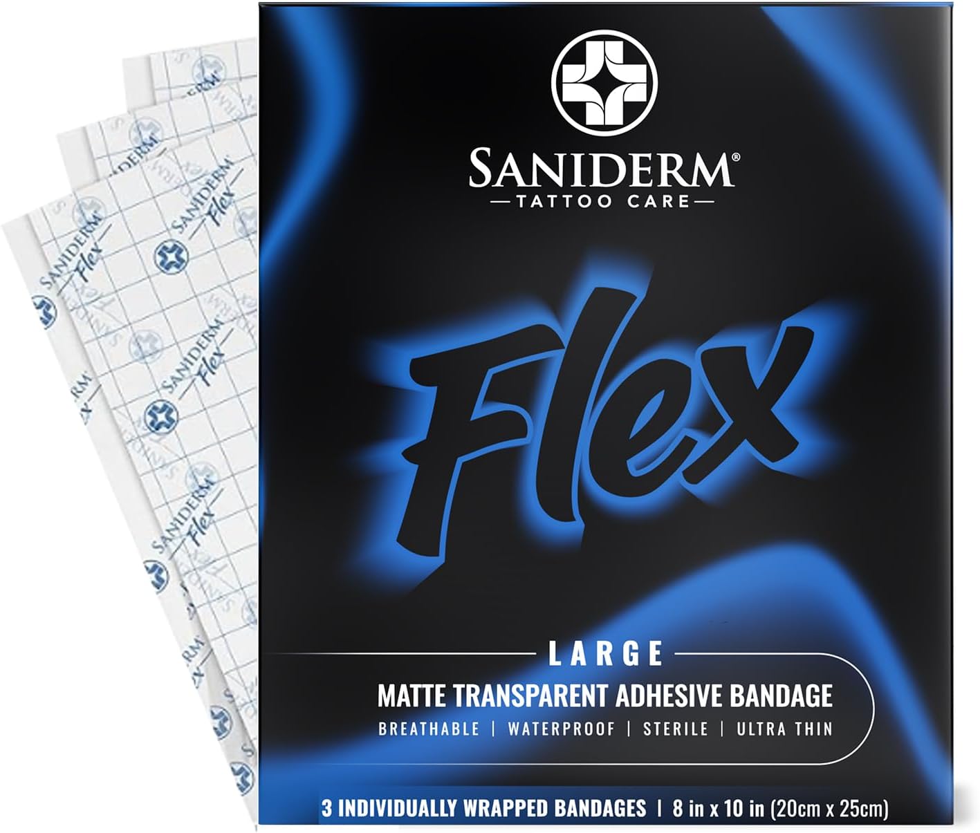 Saniderm - Flex Tattoo Aftercare Bandage - Ultra-Flexible, Waterproof, Sterile Tattoo Wrap for Fast, Clean Healing - (3 Sheets, 8"x10")