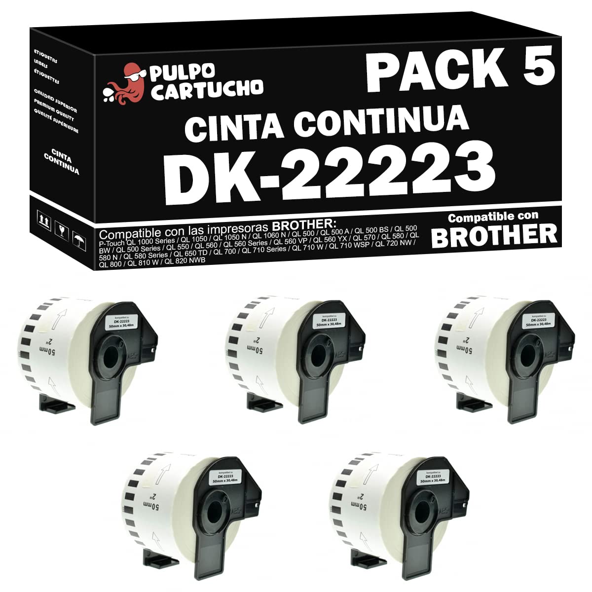 Pack de 5 Compatible Brother DK22223 - Etiquetas Genéricas de Tamaño personalizado - Ancho 50 mm x 30,48 metros - Texto negro sobre fondo blanco. Cinta continua DK-22223 de papel térmico blanco.