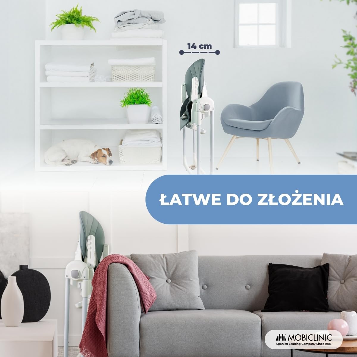 Mobiclinic®, Wysokie krzesełko dla dziecka, Evolutive, Dodatkowe składanie, Możliwość przekształcenia w wysokie krzesełko, Simba, 5-punktowe, Kółka z hamulcami, Podwójna wyjmowana tacka