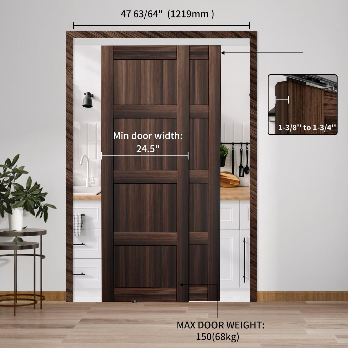 Wytrzymały zestaw szyn do drzwi przesuwnych 122 cm, aluminiowy zestaw szyn do drzwi kieszonkowych, płynnie i cicho, do systemu 2-drzwiowego