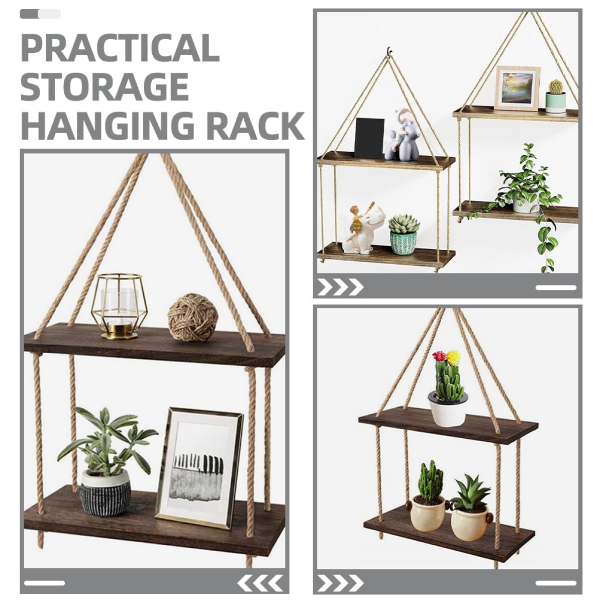 Mensole Sospese a Parete Boho in Legno Nero Corda di Juta Set Doppio Porta Piante e Oggetti Decorativi per Soggiorno Camera da Letto e Studio Supporto Rustico Multifunzione