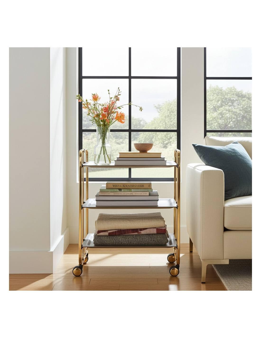 DON HIERRO - Carrito plegable con ruedas BAUHAUS, armazón con baño de oro, 3 estantes.-Fresno