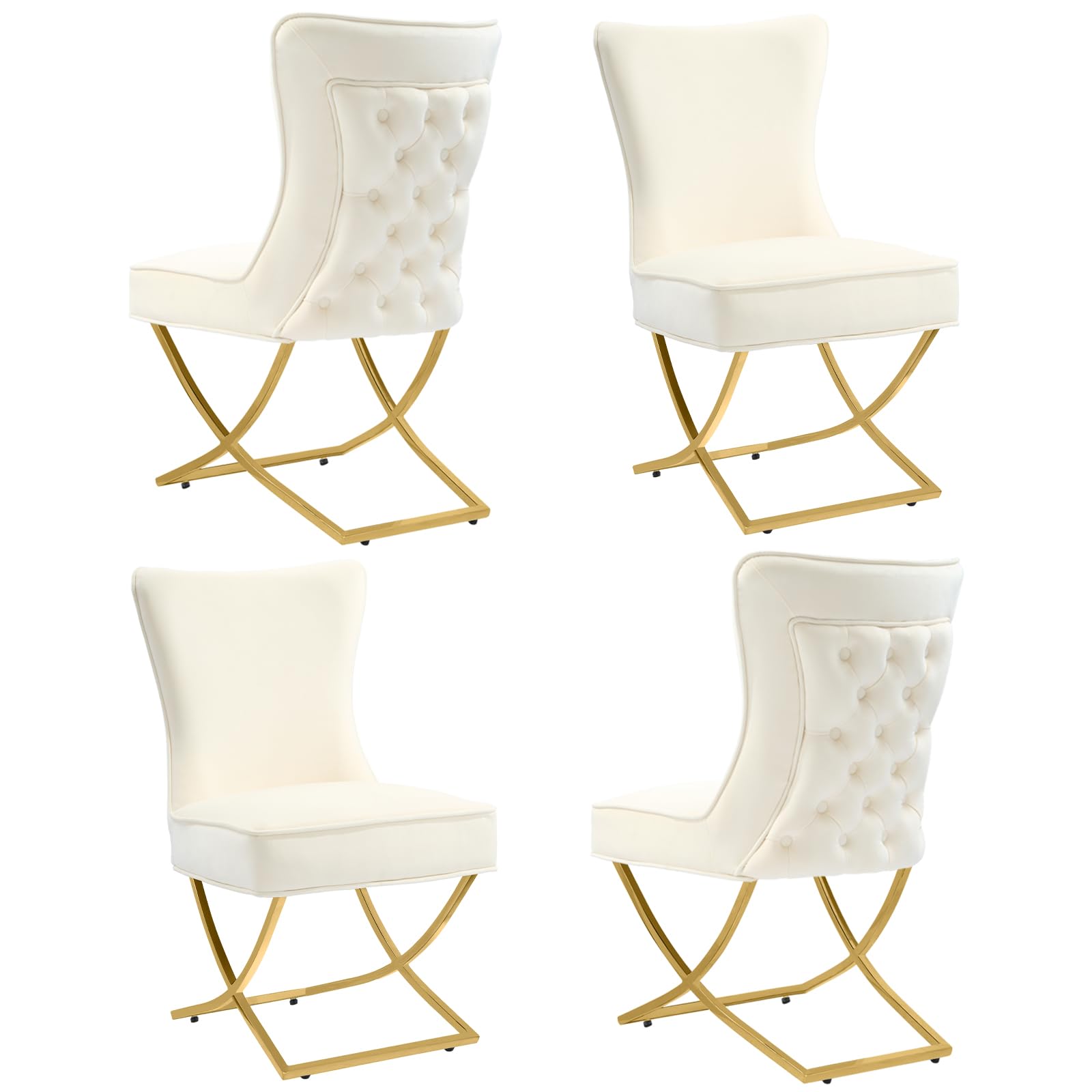 LOULENS Elegance Velvet Dining Chairs Set of 4, Luxurious Upholstered Tufted Dining Room Chairs, Glam Royal Velvet Accent Chairs with Stainless Steel Legs, Beige