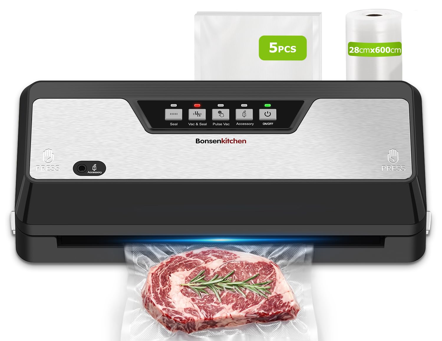 Bonsenkitchen Macchina Sottovuoto Alimenti, 125Watt, Taglierino Integrato | 4 Modalità di Funzionamento, Barra di Sigillatura Allargata, 1 Rotolo di Sacchetti, 5 Sacchetti Sottovuoto, VS3019