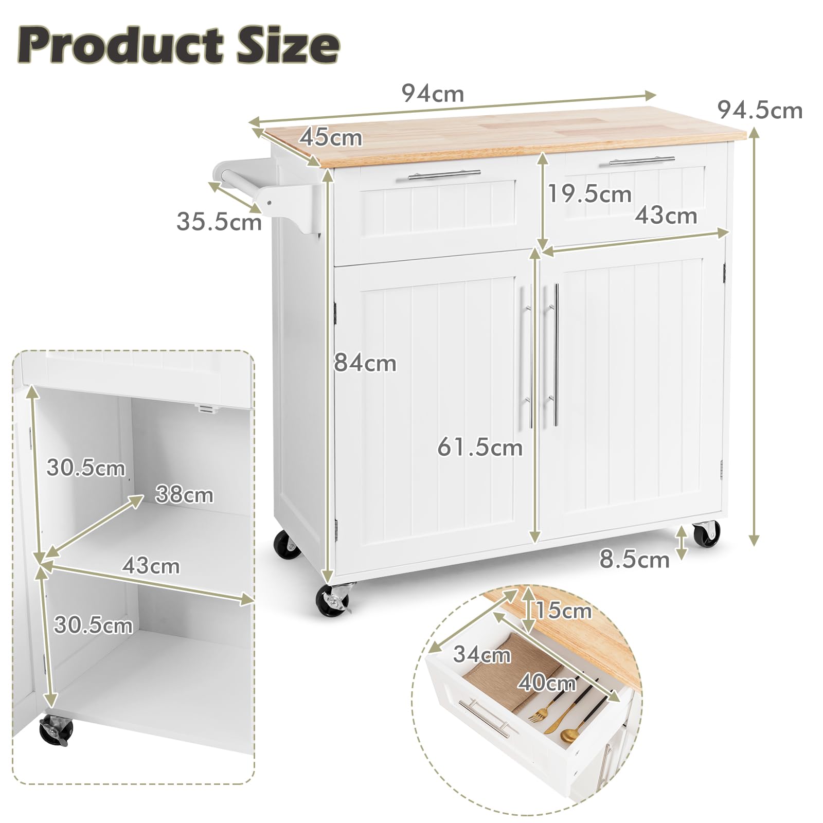 KOMFOTTEU Carrello da cucina con piano di lavoro, isola da cucina con ruote, carrello da portata con 2 cassetti e porte, carrello grande in legno, carrello da cucina, 94 x 45,5 x 94,5 cm (bianco)