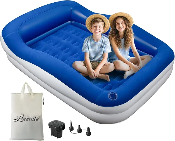 LOREINTA Inflatable Toddler Travel Bed – Portable Toddler Bed with Safety Bumpers, Toddler Floor Bed for Travel, Camping, Sleepovers – Kids Blow Up Bed with Pump & Carry Bag
