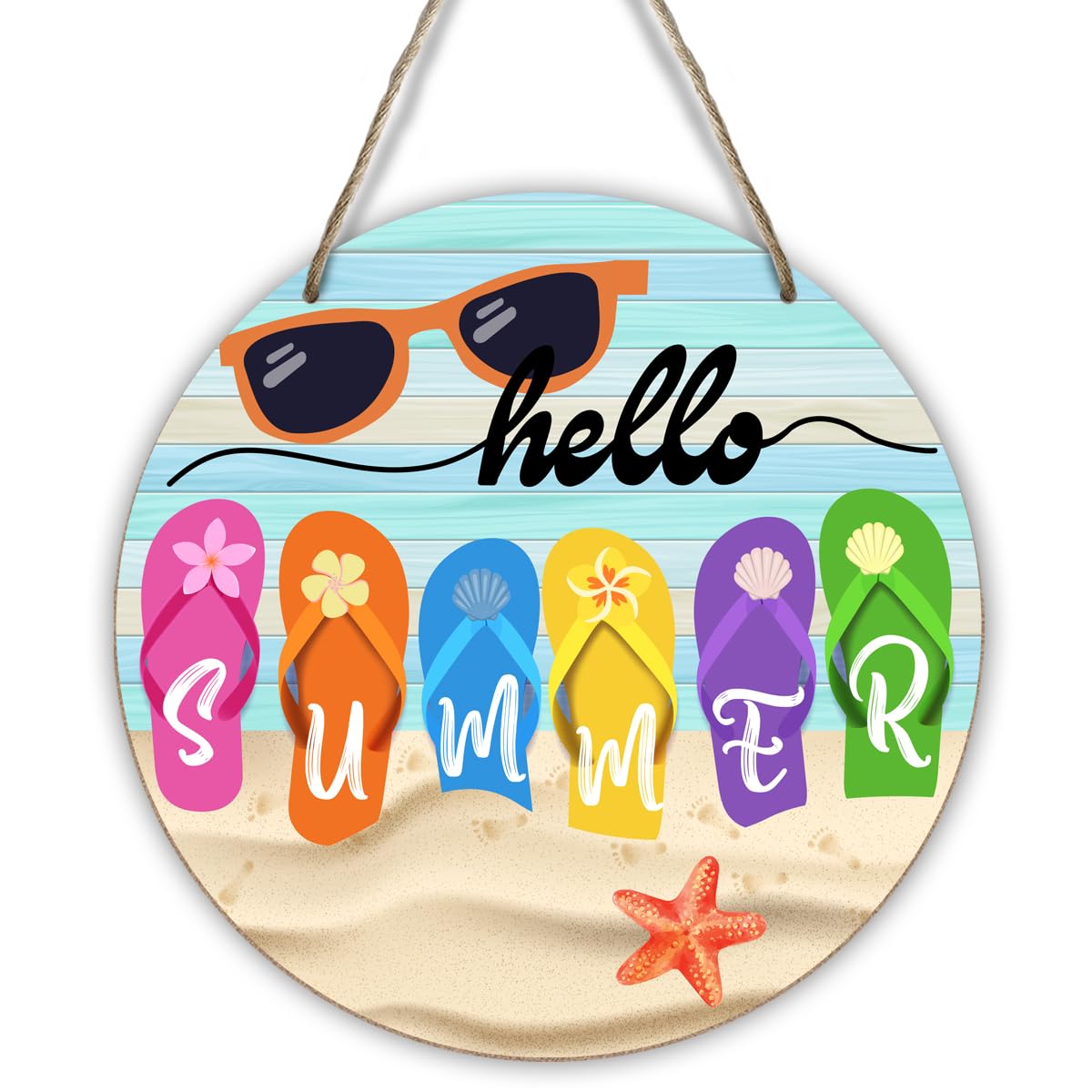 Hello Summer Flip Flops Wooden Ornament Summer Decor for Front Door Sign Decor Keepsake, Hawaii Tropical Beach Decoration, Wooden Hanging Sign Kitchens Living Room Decor for Home Office -DH312