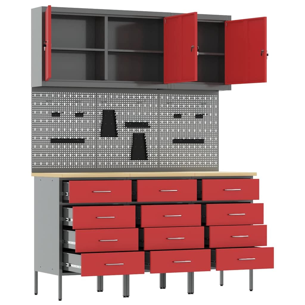Stół warsztatowy z szufladami, 8 szt., czerwone, organizer warsztatowy z drewna i stali, 150 x 55 x 200 cm, 12 szuflad, 3 zamki krzywkowe, do wnętrz, szafka na narzędzia
