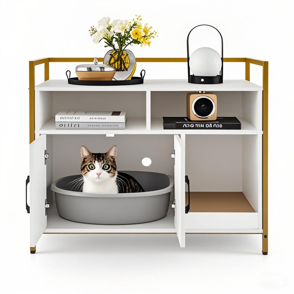 SOARS Maison de Toilette Chat, Meuble Litiere Chat avec Tapis à Griffer, Étagères Ouvertes, 2 Compartiments, Pieds Hauts, Maison Chat pour Salon, Couloir, Entrée (Blanc, 89 X 45 X 74,5 CM)