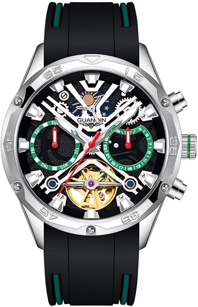 GUANQIN Skeleton Tourbillon Reloj mecánico automático para hombre, correa de silicona para negocios, cristal de zafiro, resistente al agua, reloj automático, fase lunar luminosa fecha del día