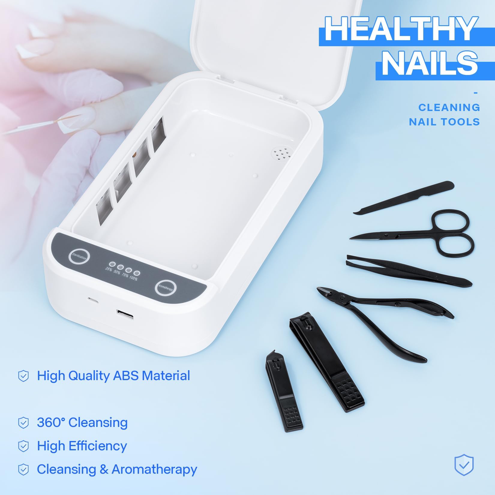 Stérilisateur d'outils à ongles avec lumière bleue, stérilisateur USB portable pour outils à ongles, boîte de nettoyage pour outils de beauté, machine nettoyante pour outils de manucure pour