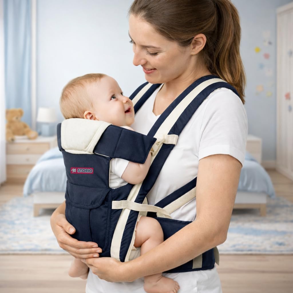 Storio Hip Seat Baby Carrier with 4 Carry Positions | Adjustable Carrier for Newborns to Toddlers 6–24 Months | Ergonomic Front & Back Baby Carrier | Max Weight 15Kg | Comfortable & Safe Design - Navy Blue