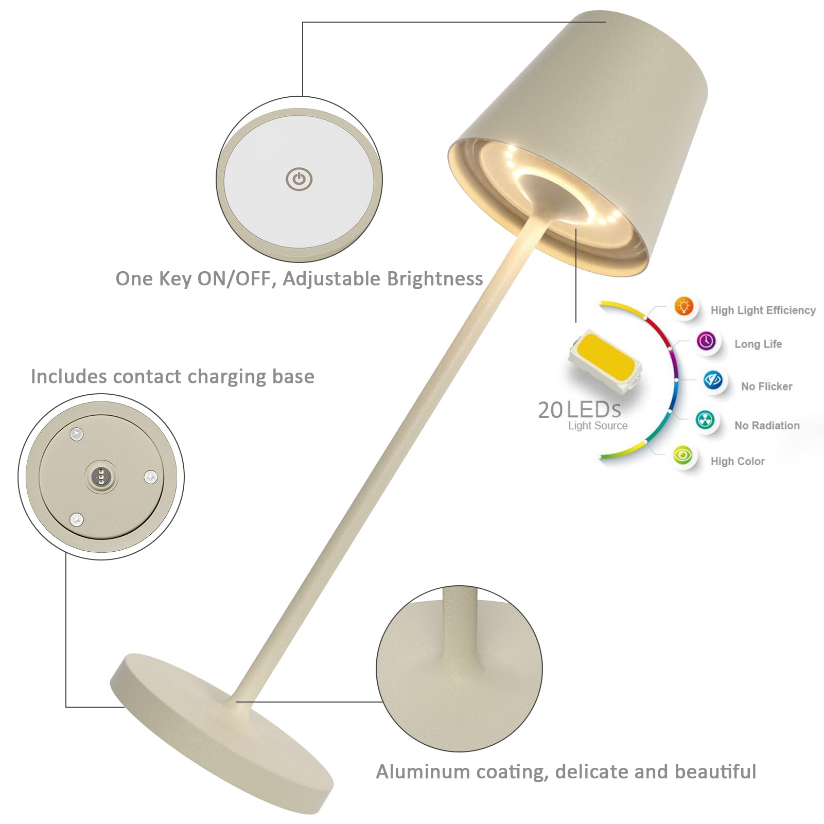 K-Bright Lampada LED Dimmerabile da tavolo in alluminio, H38cm，Ricaricabile Colore luce calda Per interni/esterni Lampada da tavolo con base di ricarica a contatto (Beige sabbia)