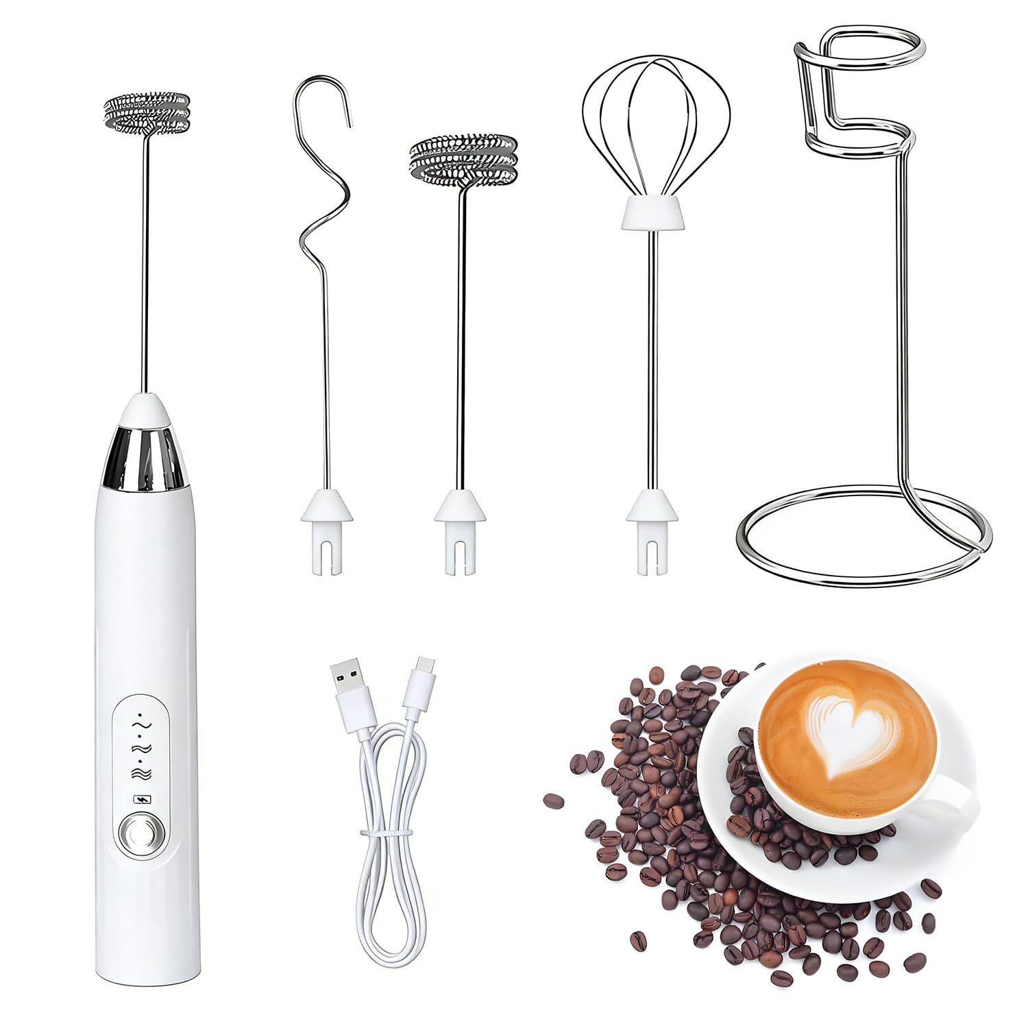 Montalatte Elettrico USB Ricaricabile, Frusta Acciaio Inossidabile 3 Velocità Regolabile, Cappuccinatore Elettrico per Latte per Caffè, Latte, Cappuccino, Bianca