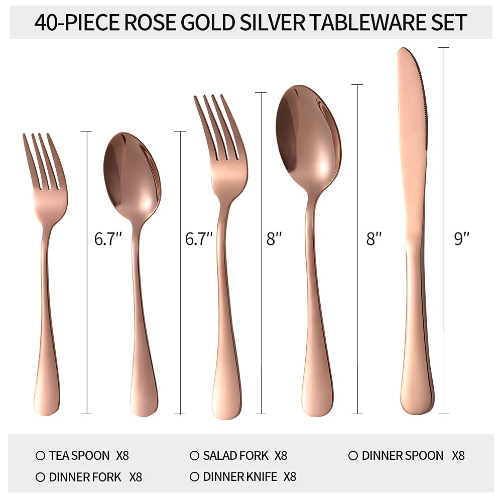 Xingjiake 40-Piece Rose Gold Silverware Set, Stainless Steel view 2
