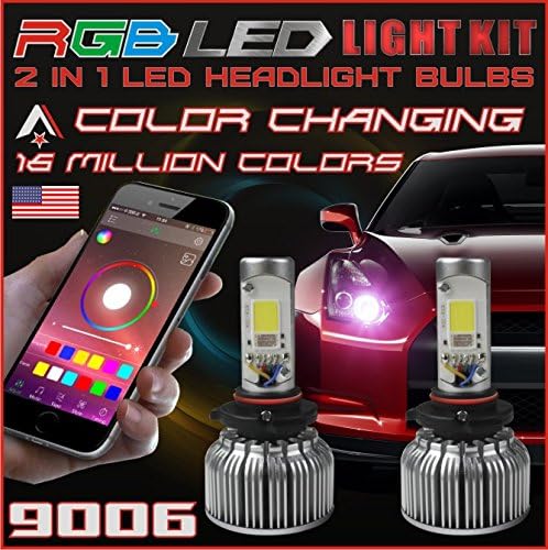 2 in1 RGB LED Headlight Bulb Kit - Smartphone App-Controled Bluetooth RGB Demon Eye + LED Headlight Color Changing Strobe & Music feature (9006 / 9012 / HB4)