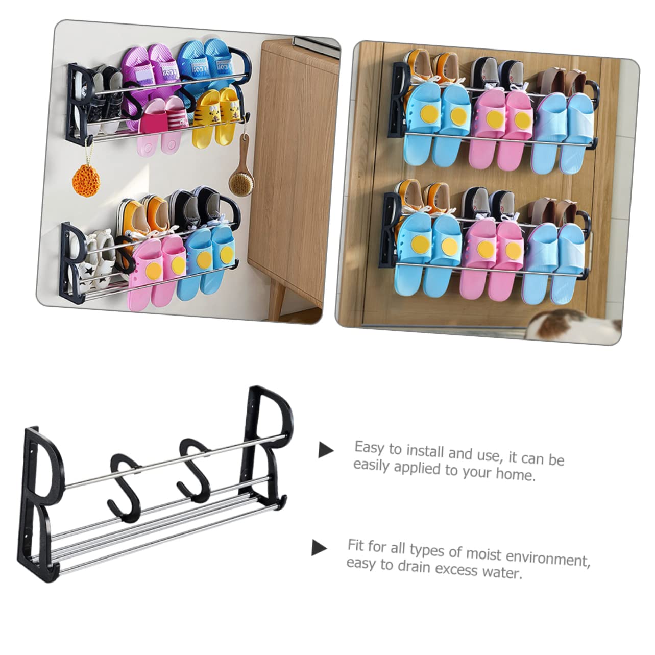 HOODANCOS Bathroom Wall Shoe Rack Adhesive Slipper Organizer No Drill Mounted Storage Shelf for Entryway Easy Install Slipper Holder for Home Organization