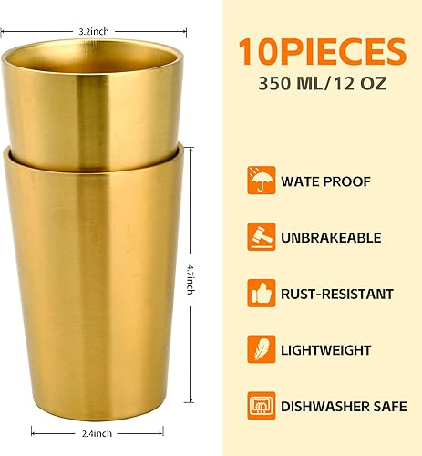 Miniatura 2 de Paquete de 10 vasos aislados de acero inoxidable de 12 onzas, vaso de metal pequeño al vacío de doble pared, tazas reutilizables para campamento,