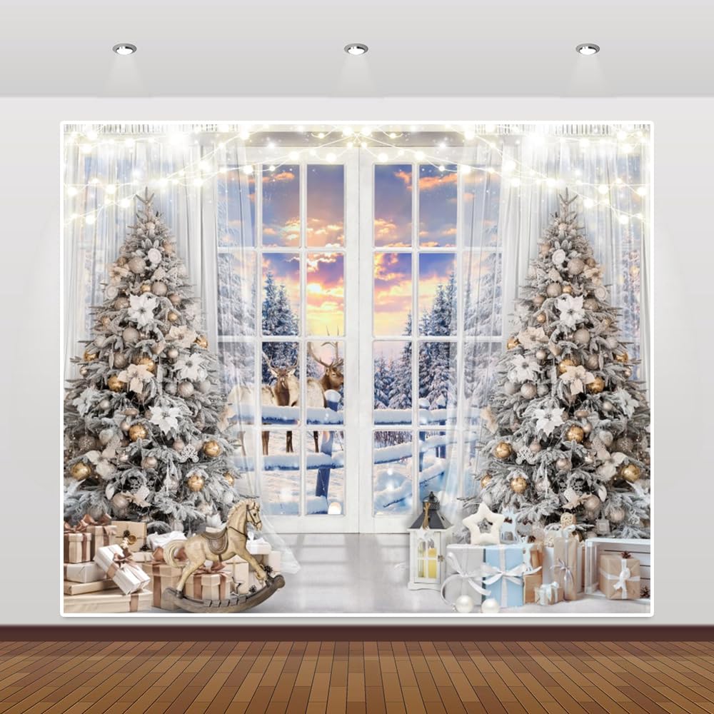 White Christmas Photography Backdrop - Snow Forest Elk Xmas Tree Toy Horse Background for New Year Holiday Party Decor - 10x8ft Vinyl Banner