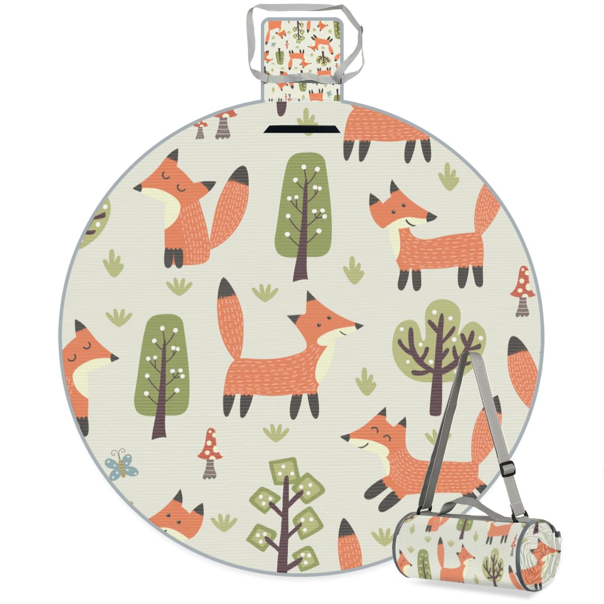Shimoshe Forest Fox Picnic Outdoor Blanket Foldable Waterproof Sandproof Beach Blanket Portable Water-Resistant Round Picnic Mat for Travel Camping Park Lawn