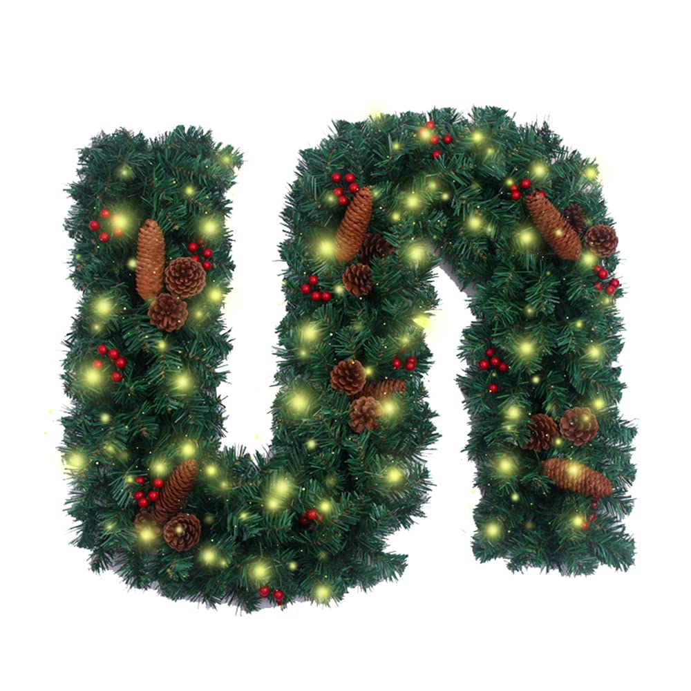 Surwin Guirnalda Navideña de 9Pies / 2.7M, Guirnalda Artificiales Decorada Corona de Pino Árbol Navideña Festival Colgante Adornos para decoración de Jardín de Escalera de Chimenea (2.7M,Piñas)