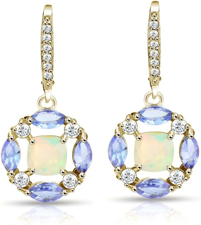 Sterling Silver Ethiopian Opal, Tanzanite and White Topaz Circle Dangle Leverback Earrings