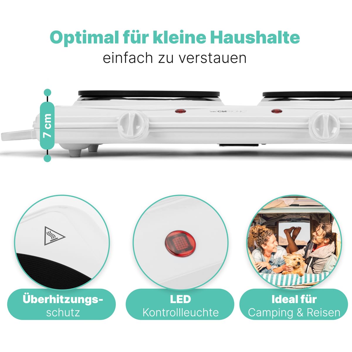 Clatronic® double plaque de cuisson pour le camping, la cuisine ou le bureau | 2 plaques Ø env. 180mm & 150mm | thermostat réglable en continu | laque résistante à la chaleur | DKP 3583