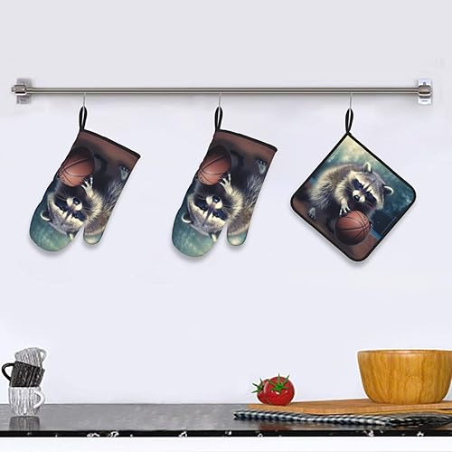 Miniatura 4 de Divertidos guantes de horno y soportes para ollas con estampado de mapache y baloncesto, resistentes al calor, antideslizantes, guantes de cocina, 3