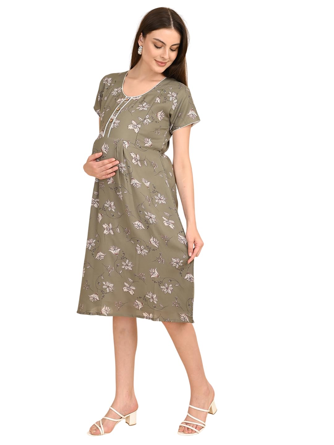 MINELLI Women Maternity 3/4th Gown with Concealed Nursing Zip, Printed Feeding Nighty, Round Neck, Short Sleeves, Knee Length Dress for Pregnancy and Post Pregnancy-image-34